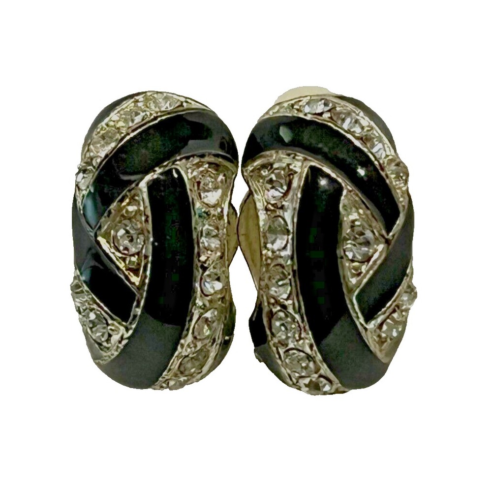Onyx and Rhinestone Clip On Earrings Lovely Vintage